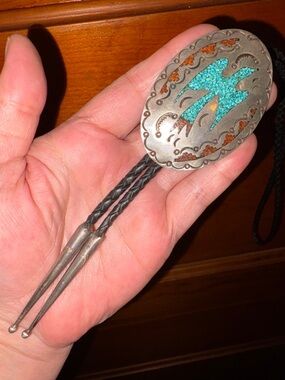 Turquoise Inlay Thunderbird Sterling Bolo Tie